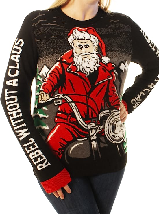 Rebel Without A Claus Womens Motorcycle Santa Ugly Christmas Sweater