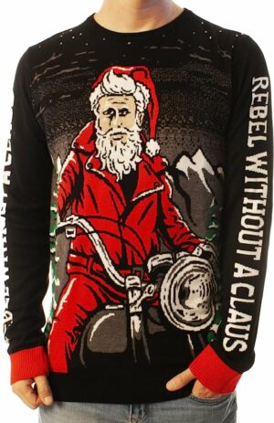 Rebel Without A Claus Ugly Christmas Sweater Motorcycle Biker Santa Claus