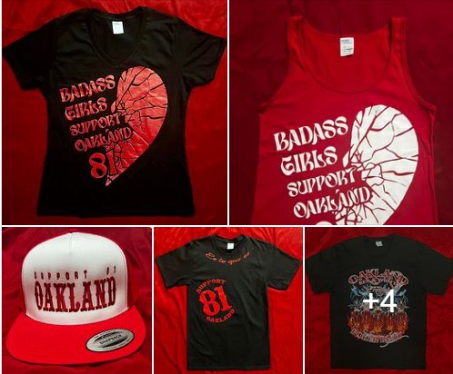 New Sonny Barger Red and White Oakland merchandise July 2023 "Badass Girls Support Oakland"